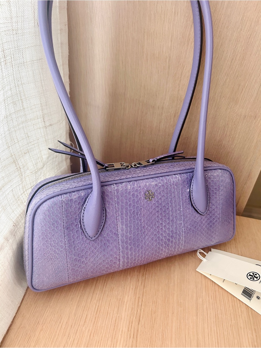 NWT💟Tory Burch Embossed Box Satchel Shoulder Bag Snake Leather Purple 181102 - Picture 4 of 7